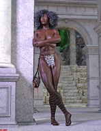 nipples feet black_hair large_breasts toes topless smiling sandals muscles abs medium_length_hair shrunken_man cage trapped dangle dark_skin leaning outdoors caged curly_hair semi_nude looking_away legs_crossed against_wall drcreep digital_render afro loincloth cyclops