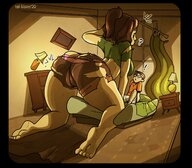 drawing growth color long_hair bed brunette mini_giantess crawling surprised indoors ripped_clothing cramped tailblazerart