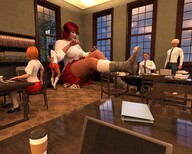 giantess upskirt long_hair clothed red_hair mini_giantess sitting uniform indoors thick_thighs digital_render ayyla
