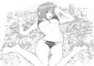 bikini drawing blushing city monochrome destruction smiling lying_down short_hair outdoors