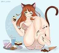 bikini drawing vore color long_hair toes barefoot soles brunette sitting shrunken_woman shrunken_man food cat_girl cleaning no_background nyu_kinks