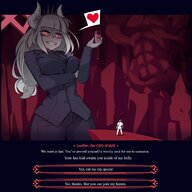 drawing white_hair vore horns color long_hair clothed anime demon red_eyes low_angle smiling story succubus demoness hell heart shrunken_man looking_down indoors wine monster_girl dialogue imminent_vore looking_at_tiny iwillsunder helltaker lucifer_(helltaker)