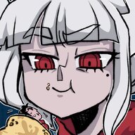 drawing white_hair vore horns color long_hair anime demon red_eyes smiling succubus demoness shrunken_man eating food nervous monster_girl pancakes bangs imminent_vore looking_at_tiny on_kinky helltaker lucifer_(helltaker)