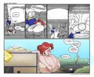 drawing growth giantess color long_hair butt destruction glasses huge_breasts outgrowing_building surprised looking_down freckles dialogue moosetracks8008 jessiestarstf