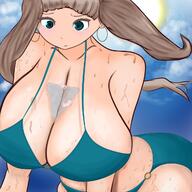 drawing blushing color long_hair butt cleavage huge_breasts brunette sweat twintails shrunken_people looking_down hoop_earrings between_breasts nakanotakuya