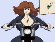 drawing long_hair cleavage huge_breasts brunette smiling motorcycle lupin_iii no_background cutaway between_breasts idooodlestuff