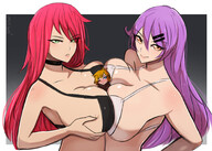 drawing giantess color large_breasts long_hair cleavage pink_hair red_hair giantesses choker looking_at_viewer commission no_background hair_clip between_breasts nightingale122 omiza-zu leon_takayashi