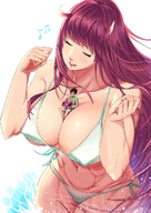 bikini drawing horns large_breasts long_hair red_hair sitting closed_eyes between_breasts boom-box