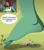 drawing crush feet mega comic color long_hair clothed toes barefoot smiling red_hair harley_quinn foot_crush hand palm lesbians looking_down under_foot nail_polish poison_ivy raised_foot handled white_skin imminent_crush no_background green_skin looking_at_tiny dc_comics rtuenuik2 harley_quinn_(series)