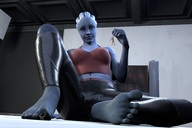 feet alien clothed handheld toes barefoot soles low_angle smiling shrunken_men sitting blue_skin foot_play dangle indoors under_foot foot_slave freckles between_fingers bare_shoulders looking_at_tiny digital_render mass_effect asari skintight_clothing env-light liara