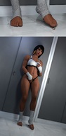 panties feet masturbation black_hair clothed toes barefoot underwear socks gloves muscles looming shrunken_man dark_skin piercing indoors jewelry raised_foot panels imminent_crush thick_thighs digital_render bare_legs stirrups cupping_breasts overwatch pharah env-light