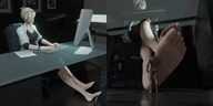 nude feet blonde clothed toes barefoot soles low_angle short_hair foot_worship sitting office shrunken_man indoors foot_slave mercy computer bracelet panels lab_coat looking_away legs_crossed digital_render overwatch env-light