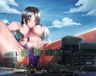 drawing giantess blushing city black_hair color large_breasts long_hair destruction pubic_hair cleavage sitting looking_down outdoors bigsis_iyashi