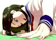 drawing gentle blonde color long_hair clothed bed anime brunette smiling lying_down uniform looming shrunken_woman looking_at_tiny hair_buns kiyoshi2431