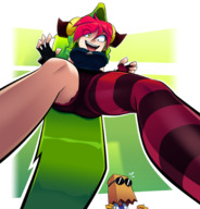 drawing color large_breasts tongue clothed stockings low_angle yellow_eyes smiling pink_hair short_hair between_legs shrunken_man open_mouth standing no_background ravenravenraven demencia villainous cartoon_network