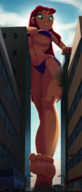bikini breasts drawing giantess panties city mega alien color large_breasts long_hair butt destruction barefoot buildings green_eyes low_angle camel_toe teen_titans red_hair starfire underboob looming looking_down vehicles thighs outdoors between_buildings cracked_pavement dc_comics anon orange_skin bare_legs ravenravenraven bare_midriff looking_at_tinies lifting_bra