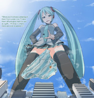 drawing giantess panties hatsune_miku city mega upskirt color long_hair destruction blue_eyes ochiko_terada buildings blue_hair low_angle smiling vocaloid twintails looking_down clouds sky thigh_highs striped_panties ydnkm smug smirking miku hatsune