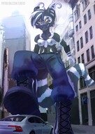 breasts drawing nipples furry tail anthro city color buildings topless low_angle yellow_eyes street mini_giantess boots looming teasing pants vehicles outdoors commission tomboy multicolored_hair bare_midriff eri-yo gabagool1960