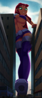 breasts drawing giantess panties city mega upskirt alien color large_breasts long_hair butt destruction cleavage buildings green_eyes stockings low_angle camel_toe teen_titans street red_hair starfire boots underboob looming looking_down vehicles outdoors belt between_buildings cracked_pavement dc_comics anon orange_skin ravenravenraven bare_midriff looking_at_tinies lifting_bra