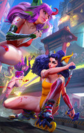 purple_hair blood cat_ears roller_skates horn sport blade ibraham_swaid racing