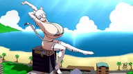 bikini drawing giantess tail mega color destruction beach ocean buildings huge_breasts looking_at_viewer sitting_on_building ydbunny