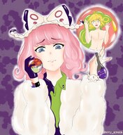 drawing pokemon color blue_eyes smiling pink_hair shrunken_man cruel no_background looking_at_tiny nyu_kinks klara