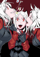 drawing giantess white_hair vore color clothed anime red_eyes smiling short_hair shrunken_man teasing open_mouth giantesses monster_girl wolf_girl hanging_on imminent_vore sharp_teeth no_background looking_at_tiny lucky_b helltaker cerberus_(helltaker)