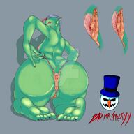 drawing nipples giantess nude pussy feet color butt licking toes barefoot soles low_angle smiling bondage sitting pink_eyes ass_worship asshole orc monster_girl looking_back sideboob no_background green_skin pointed_ears multicolored_hair between_buttcheeks human_panties cutaway human_clothing orc_girl badmrfrostyy elinewton