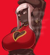 drawing white_hair blonde color large_breasts long_hair clothed cleavage anime red_eyes sweat muscles abs collar shrunken_woman dark_skin smelly jewelry stuck bangs no_background skimpy_clothing looking_at_tiny armpits raised_arm kiyoshi2431