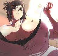 drawing blushing color cleavage bra climbing brunette yellow_eyes shrunken_man on_breasts picojin