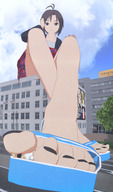giantess feet city black_hair toes buildings low_angle brown_eyes smiling in_shoe tree short_hair sandals looking_down between_toes outdoors under_foot nail_polish idolmaster legs_crossed under_toe sitting_on_building looking_at_tiny 5nbe digital_render bare_legs open_toe makoto_kikuchi