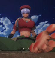 giantess feet large_breasts clothed toes barefoot soles purple_hair military low_angle ponytail sitting fighting looking_down dark_skin outdoors legs_spread guns weapons looking_at_tiny 5nbe digital_render beret metal_slug bare_midriff covered_eyes metal_slug_attack growth_(metal_slug)