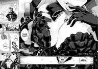 drawing manga comic monochrome large_breasts clothed breast_crush shrunken_man fate_(series) between_breasts