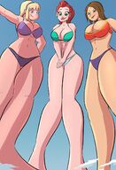 bikini breasts drawing giantess giga blonde color large_breasts cleavage green_eyes brunette smiling red_hair kim_possible cartoon looking_down giantesses dark_skin clouds thighs disney point_of_view earrings looking_at_viewer lila hairband gravity_falls pacifica_northwest caiman2 bonnie_rockwaller polly_pocket