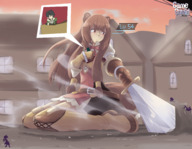 drawing giantess color long_hair clothed sword handheld skirt buildings brunette sitting outdoors gamefreakdx swordswoman shield_hero raphtalia rise_of_the_shield_hero iwatani_naofumi