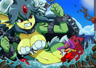 drawing giantess color long_hair destruction water ocean purple_hair red_eyes blue_hair angry fang video_game chains dock green_skin shantae gills giga_mermaid bare_midriff shantae_half-genie_hero bunny_bones
