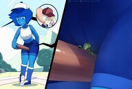 drawing blushing masturbation aroused color blue_eyes clothed blue_hair green_hair blue_skin shrunken_woman outdoors humping baseball_field baseball_cap baseball_bat green_skin pearl steven_universe amethyst lapis_lazuli peridot lewdssonk cartoon_network
