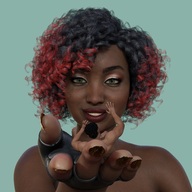 handheld green_eyes smiling gloves short_hair shrunken_man dark_skin curly_hair nail_polish bare_shoulders no_background looking_at_tiny multicolored_hair digital_render loca-lyn