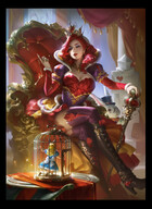 drawing color large_breasts long_hair clothed high_heels red_hair boots sitting queen table shrunken_woman cage open_mouth chair indoors alice_in_wonderland hair_bow throne legs_crossed white_rabbit looking_at_tiny queen_of_hearts blue_eyeshadow alice scepter key yuanyuan_wang
