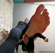 collage barefoot running shrunken_man looking_down point_of_view raised_foot msku