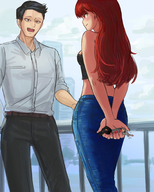 drawing color long_hair handheld jeans red_eyes red_hair shrunken_man red_nails kuroihassan