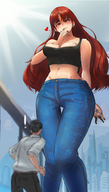 drawing color long_hair handheld cleavage jeans red_eyes red_hair shrunken_man looking_down red_nails kuroihassan