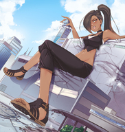 breasts drawing giantess feet blushing city color destruction buildings brunette yellow_eyes ponytail sandals dark_skin looking_at_viewer throne legs_crossed sitting_on_building angelgts bare_midriff