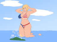 bikini breasts drawing giantess mega blonde color large_breasts blue_eyes cleavage ocean island kneeling clouds fireworks american_flag flag_bra topsecretname animalautumn covering_ears