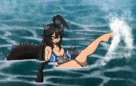 bikini drawing giantess tail black_hair color large_breasts cleavage ocean red_eyes aircraft_carrier angelface20056