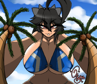 bikini drawing giantess black_hair color cleavage red_eyes huge_breasts point_of_view looking_at_viewer angelface20056