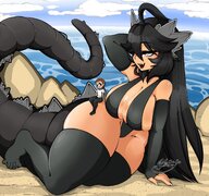 drawing giantess blushing tail black_hair color cleavage red_eyes huge_breasts godzilla on_body godzilla_girl angelface20056