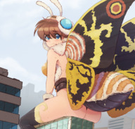 drawing gentle giantess blushing tail wings city color large_breasts butt blue_eyes buildings brunette short_hair thighs outdoors looking_back sitting_on_building scientists anthropomorphism antennae mothra cracked_ceiling ncmares yohomeboync yohomeboyraps girlskaiju