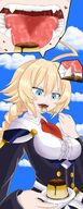 drawing giantess vore blonde color blue_eyes open_mouth no_background on_food blazblue greenmatcha