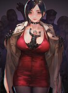 breasts drawing gentle blonde black_hair color clothed anime smiling gloves short_hair police_uniform shrunken_man jewelry resident_evil choker looking_at_viewer zombies on_chest ada_wong leon_kennedy clothing_entrapment between_breasts police_officer aionhatsu